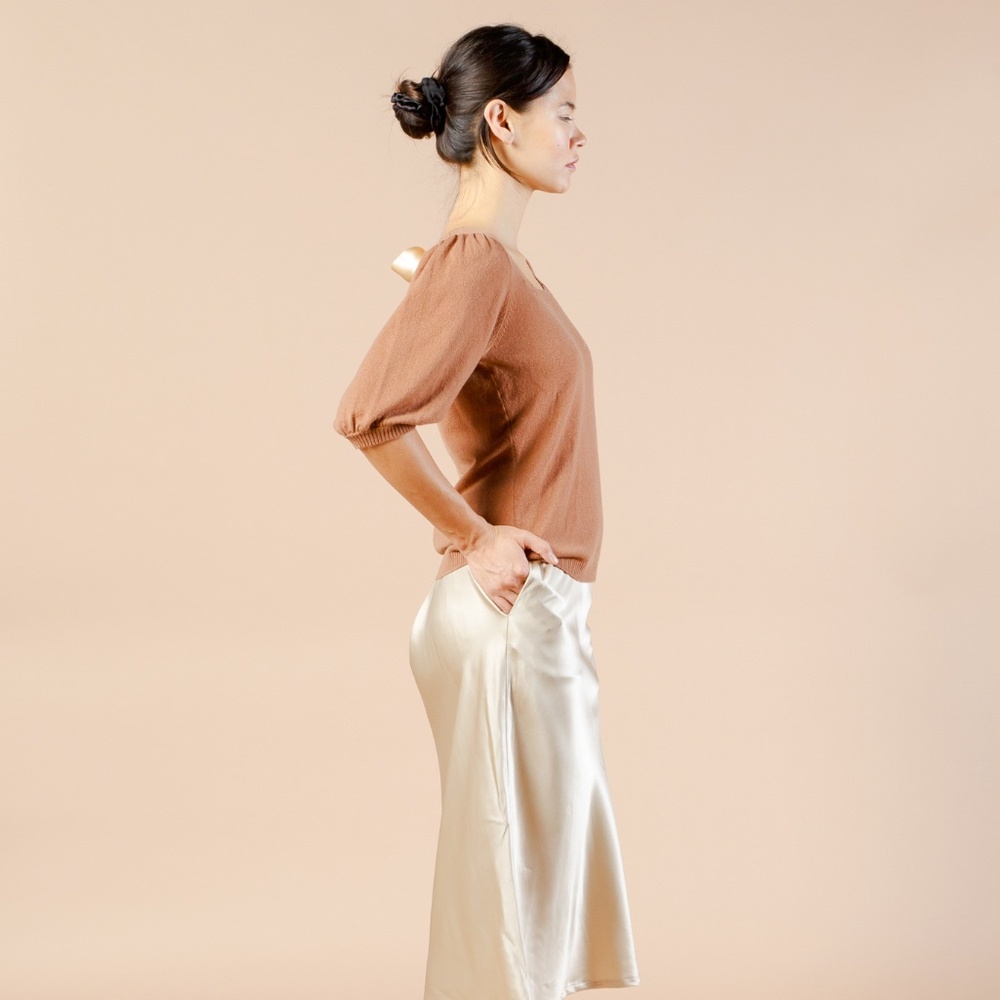 Puff Sleeve Cashmere Sweater w Silk Bow, Square Neck Knit, Silk Bow Tie Back - Picture 5 of 12